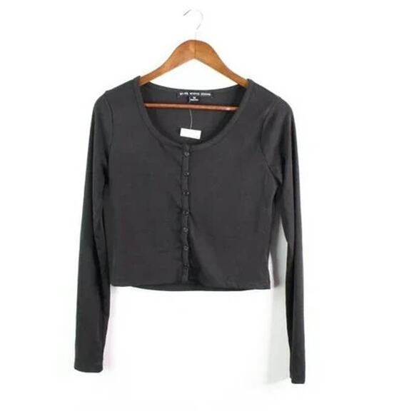 HYFVE Women's Ribbed Crop Cardigan Top Medium Black NWT Button Front Scoop Neck - Picture 1 of 6